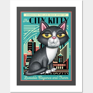 Black and white kitty on city kitty background in green Posters and Art